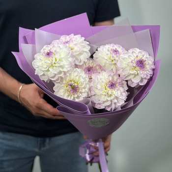 Букет из 7 бело-сиреневых георгин 