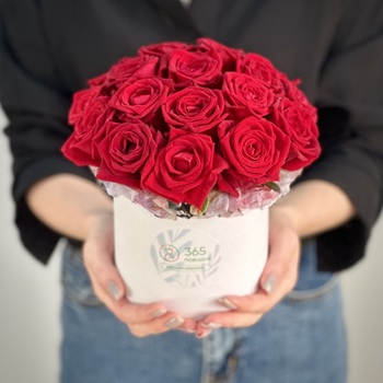 Красные розы в шляпной коробке XS